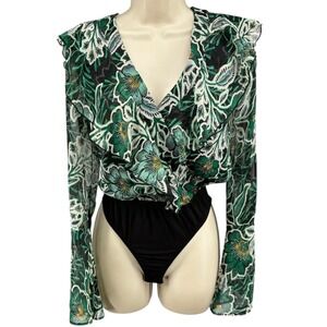 Band of the Free Bonnie Black Emerald Floral Wrap‎ Bodysuit Ruffle S NWT